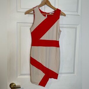 Papaya Red and Cream Geometric Mini Dress